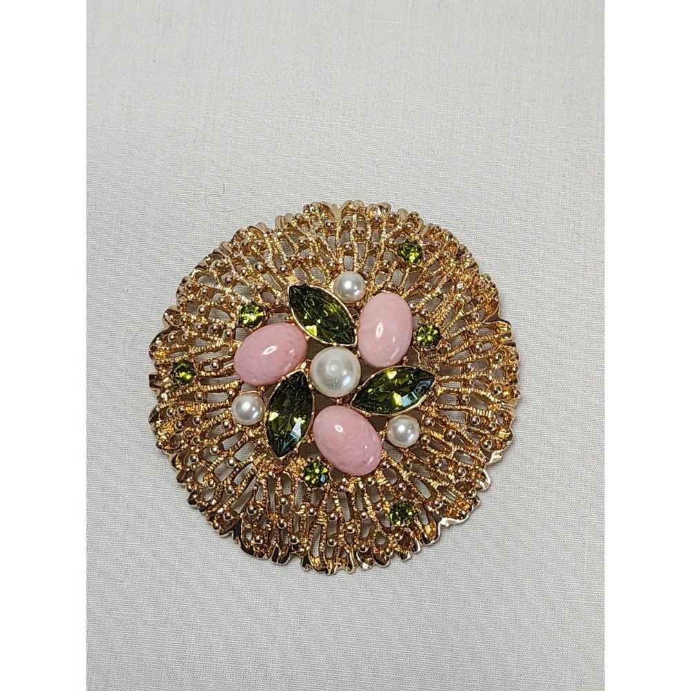 Sarah Coventry Vintage Gold Tone Pink Faux Coral Green Rhinestone Pearl Brooch